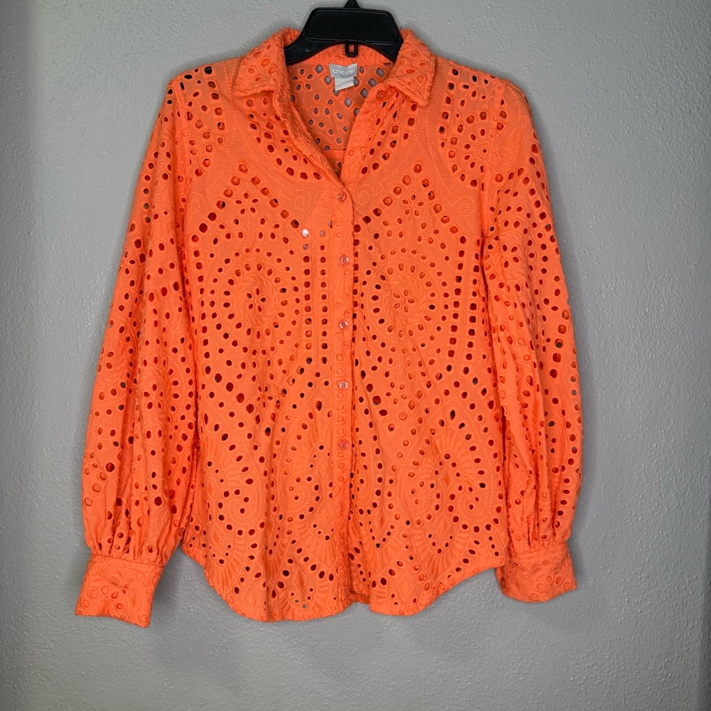 Chico's Orange Eyelet Long Sleeve Button Down Shirt